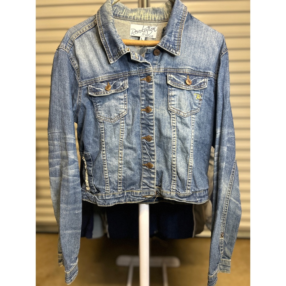 Revolution by Revolt Denim Jacket Womens L Blue Trucker Distressed Stretch Coat